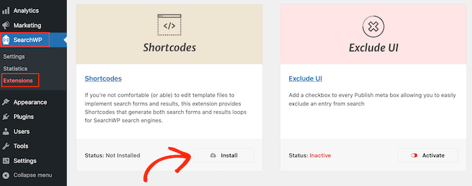 Installing the Shortcodes extension for SearchWP