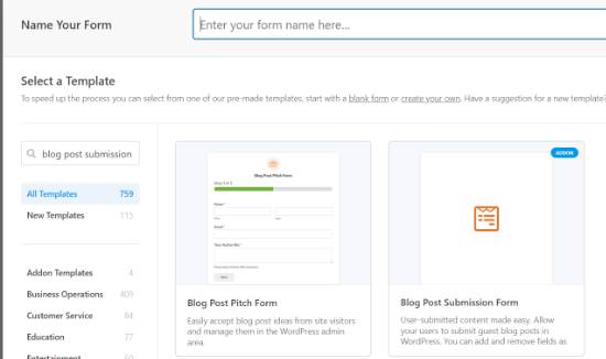 Select blog post submission form template