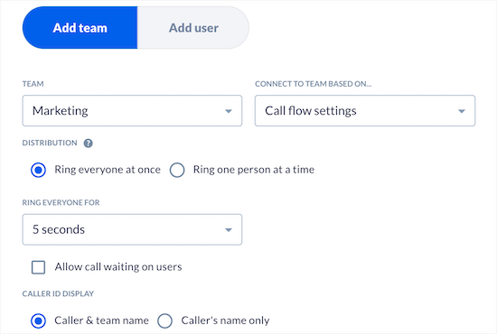 Select Team Ring Settings