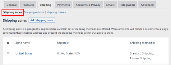 An example of a shipping zone, created using the WooCommerce plugin