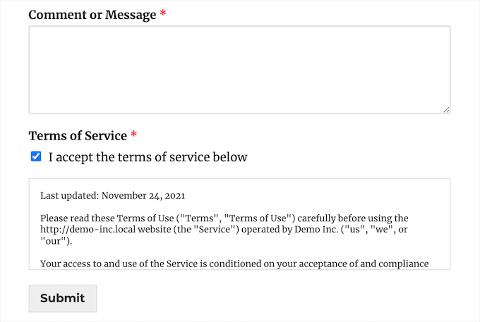 Terms of service form example