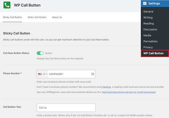 Wp Call Button Settings