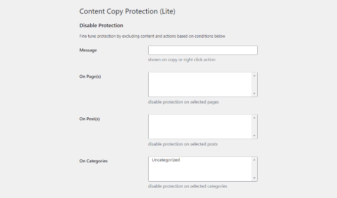 WP content protection settings