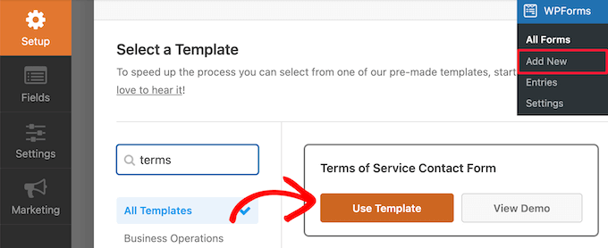 الگوی شرایط خدمات WPForms را انتخاب کنید