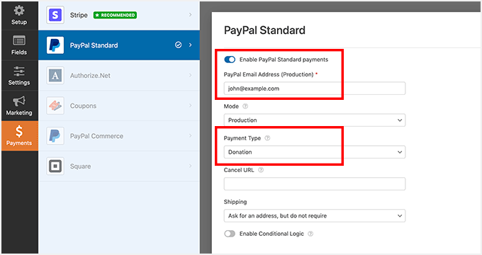 Enabling PayPal payments for your form in WPForms