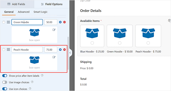Add the price, image, and name for the items that you want to sell in the form