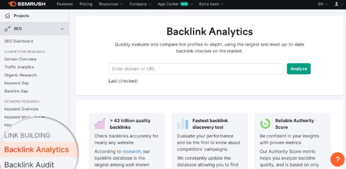 Backlink analytics Semrush