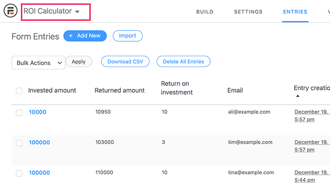 Calculator data entries