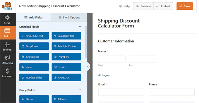 Calculator form template will open in the form builder with form fields on the left