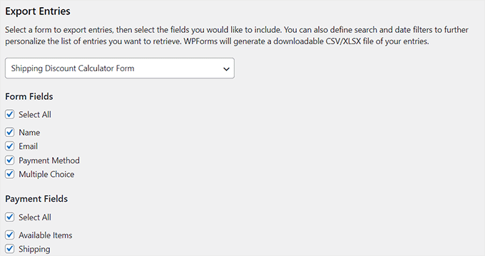 Choose the form fields whose data you want to export as a CSV file