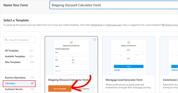 Choose the shipping discount calculator form template