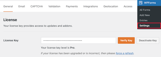 Enter WPForms license key