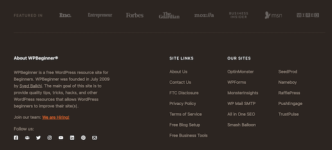 WordPress footer example