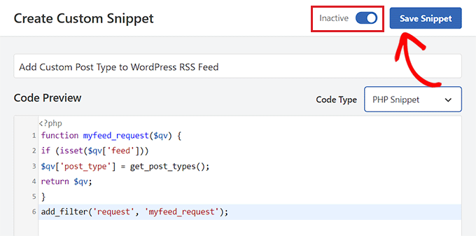Save Snippet for adding custom post type to WordPress RSS feed