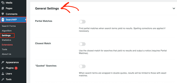The advanced SearchWP search settings