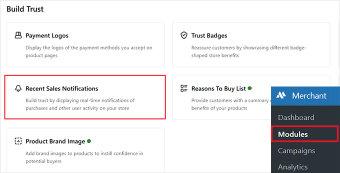 Selectați modulul Notificări de vânzări recente în Merchant