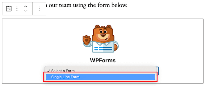 Select single line form from drop down