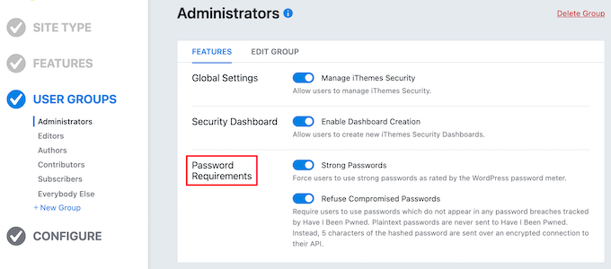Set administrator password requirements
