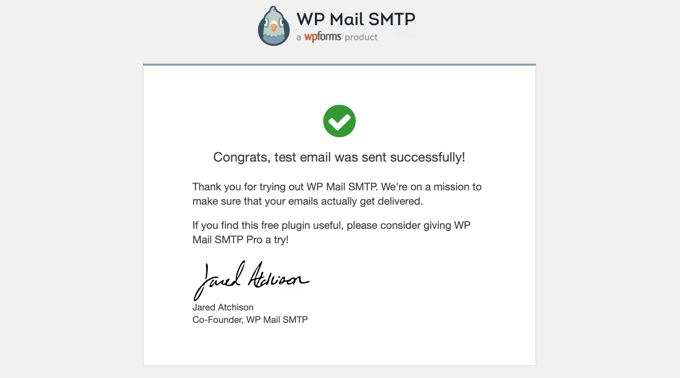 WP Mail SMTP successo!  E-mail