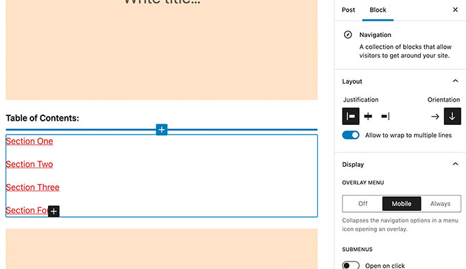 Using navigation block for table of contents