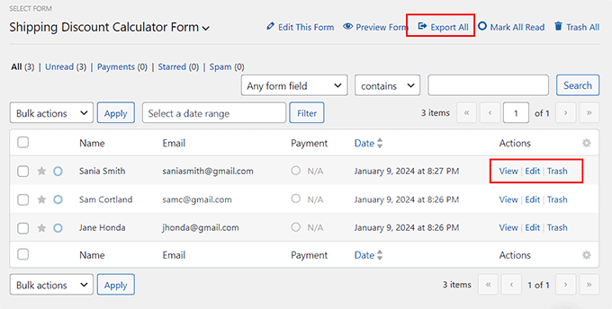 View the calculator form entries