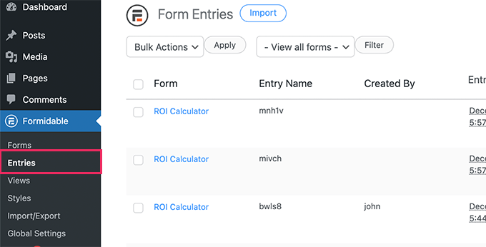 View calculator form entries