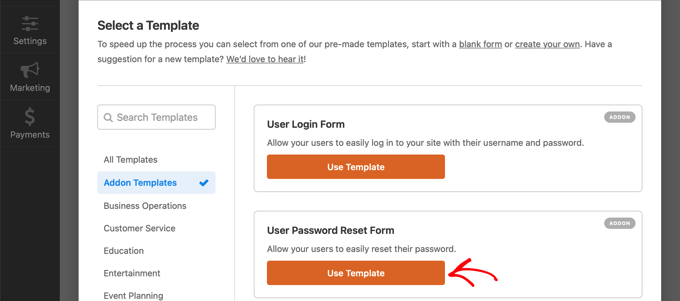 The WPForms password reset template