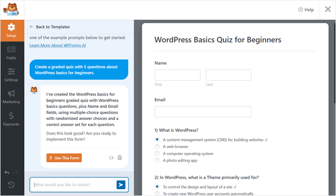 Come creare un quiz interattivo utilizzando WPForms e AI