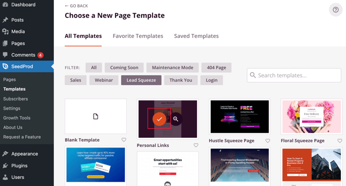 Select a Template by Clicking the Tick Icon