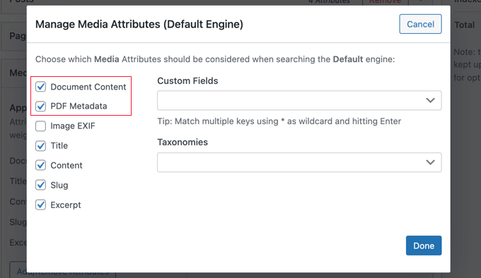 Check the Document Content and PDF Metadata Boxes