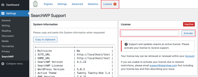 Enter Your SearchWP License Key