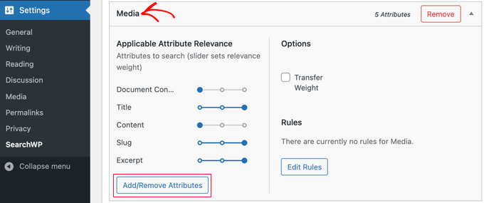 روی Add/Remove Attributes در بخش Media کلیک کنید