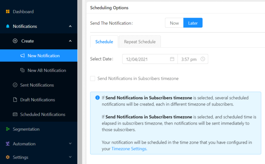 Scheduling notifications in PushEngage