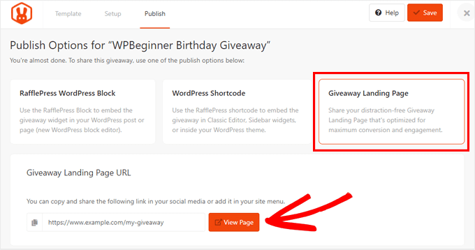 Publish RafflePress giveaway landing page