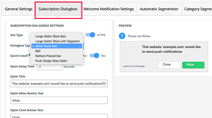 PushEngage dialog box settings