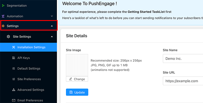 Provide your site settings details