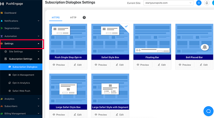 Subscription dialog box types