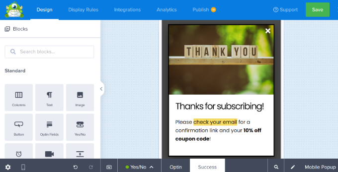 Adding a custom thank you screen to a WordPress popup