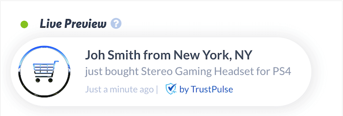 Un esempio di notifica di attività in tempo reale, creata utilizzando TrustPulse