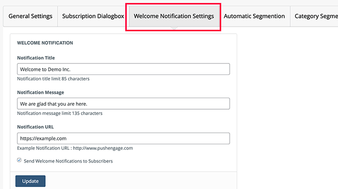 Welcome notification settings