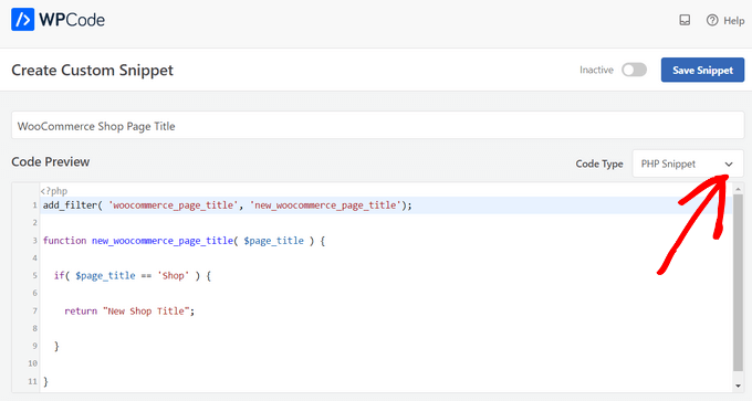 Paste code snippet in Code Preview box and choose code type
