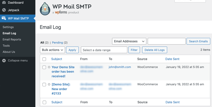 The WP Mail SMTP Email Log
