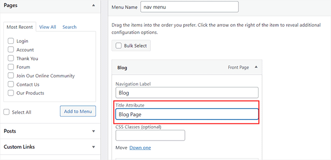 Add title attribute for pages on your navigation menu