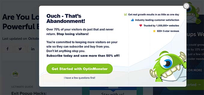 An example of an exit-intent popup, created using OptinMonster 