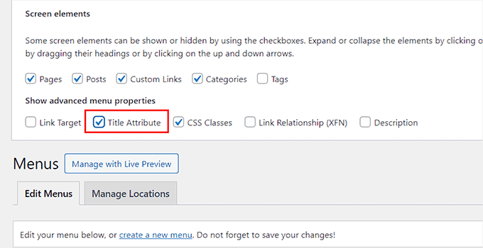 Select the Title Attribute option after expanding the Screen Options tab