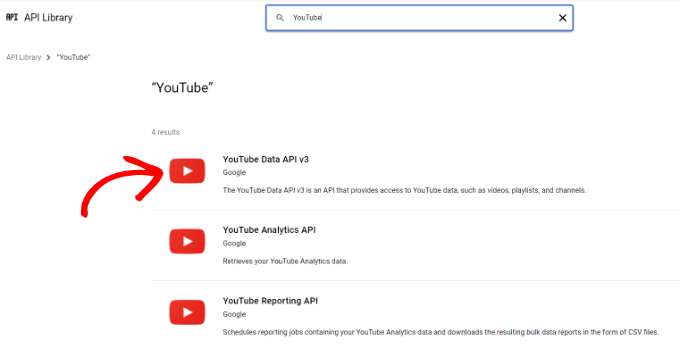 Select YouTube data API v3
