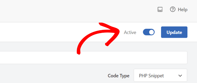 Activate and update the code snippet in WPCode