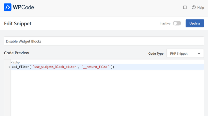 WPCode Disable Widget Blocks snippet