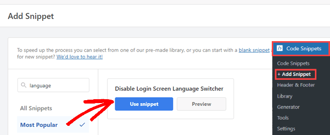 Remove language switcher with WPCode library