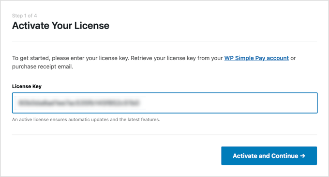 Bạn sẽ được yêu cầu nhập khóa cấp phép WP Simple Pay của mình